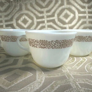 Vintage Pyrex‎ Coffee Cups Opaque White Glass Woodland Pattern Set of 3